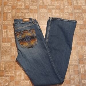 Shyanne Blue Flare Leg Jeans with Patterned Pocket Size 32 Long